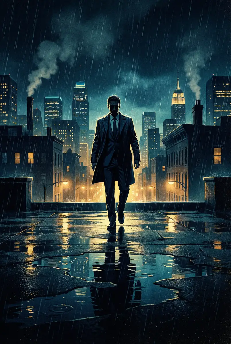 星辰变电视剧 出品影片《雨夜独行者》海报，雨中城市屋顶男性剪影